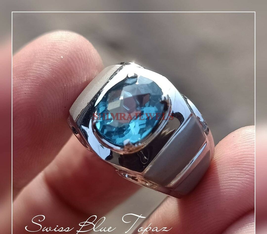 Natural Blue Topaz Gemstone with 925 Sterling Silver Ring for Men's #809