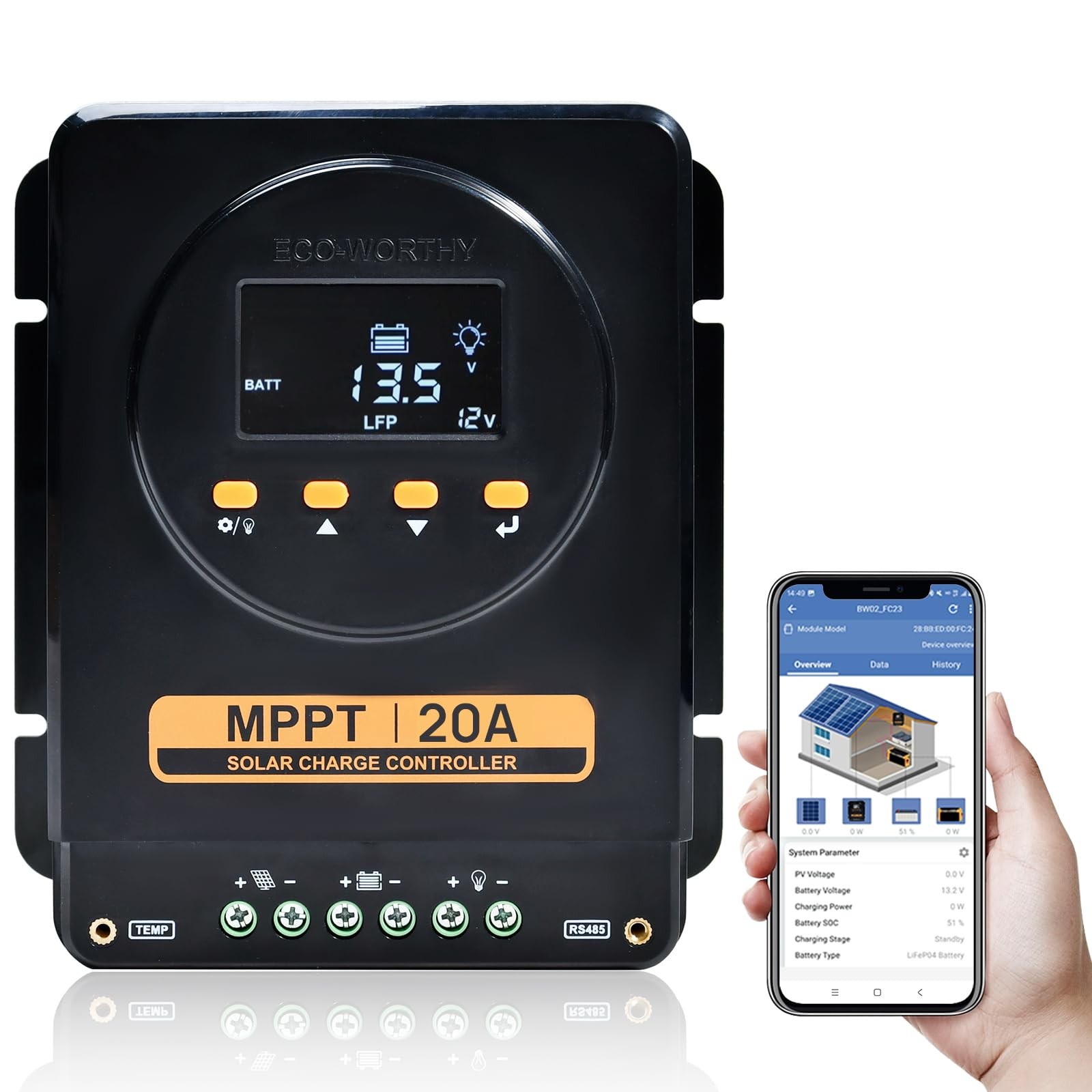 Eco-Worthy Mppt Solar Charge Controller 12V/24V 20Abluetooth App Monitoringlcd