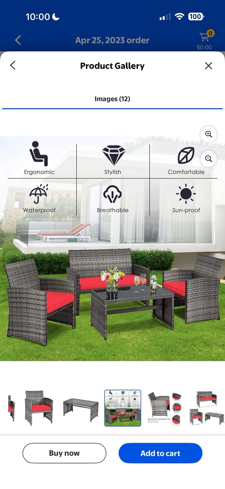 Costway 4PCS Patio Rattan Conversation Glass Table Top Cushioned Sofa Red