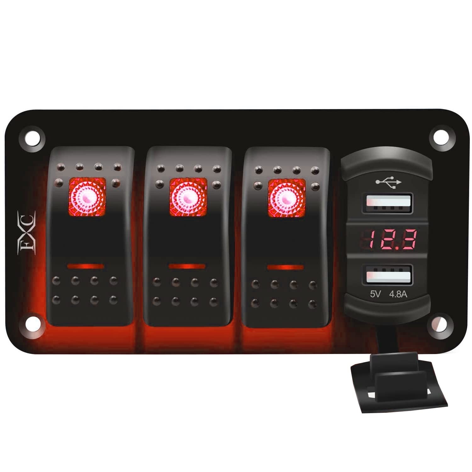12V 24V DC 3 Gang Rocker Switch Aluminum Panel with Voltmeter & Dual USB(4.8 ...