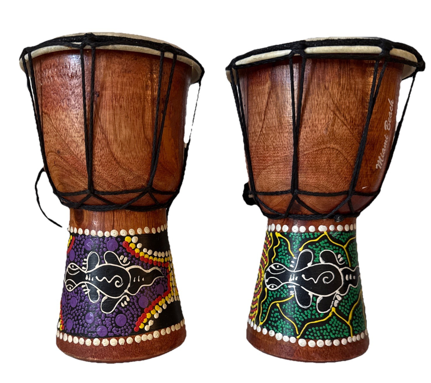 2  Djembe Wooden 8" Bongo Mini Hand Drums Hand Carved & Painted Miami Beach Souv