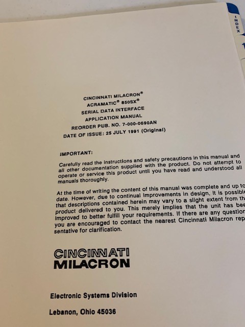 Cincinnati Milacron Acramatic 850SX Serial Data Interface Application Manual
