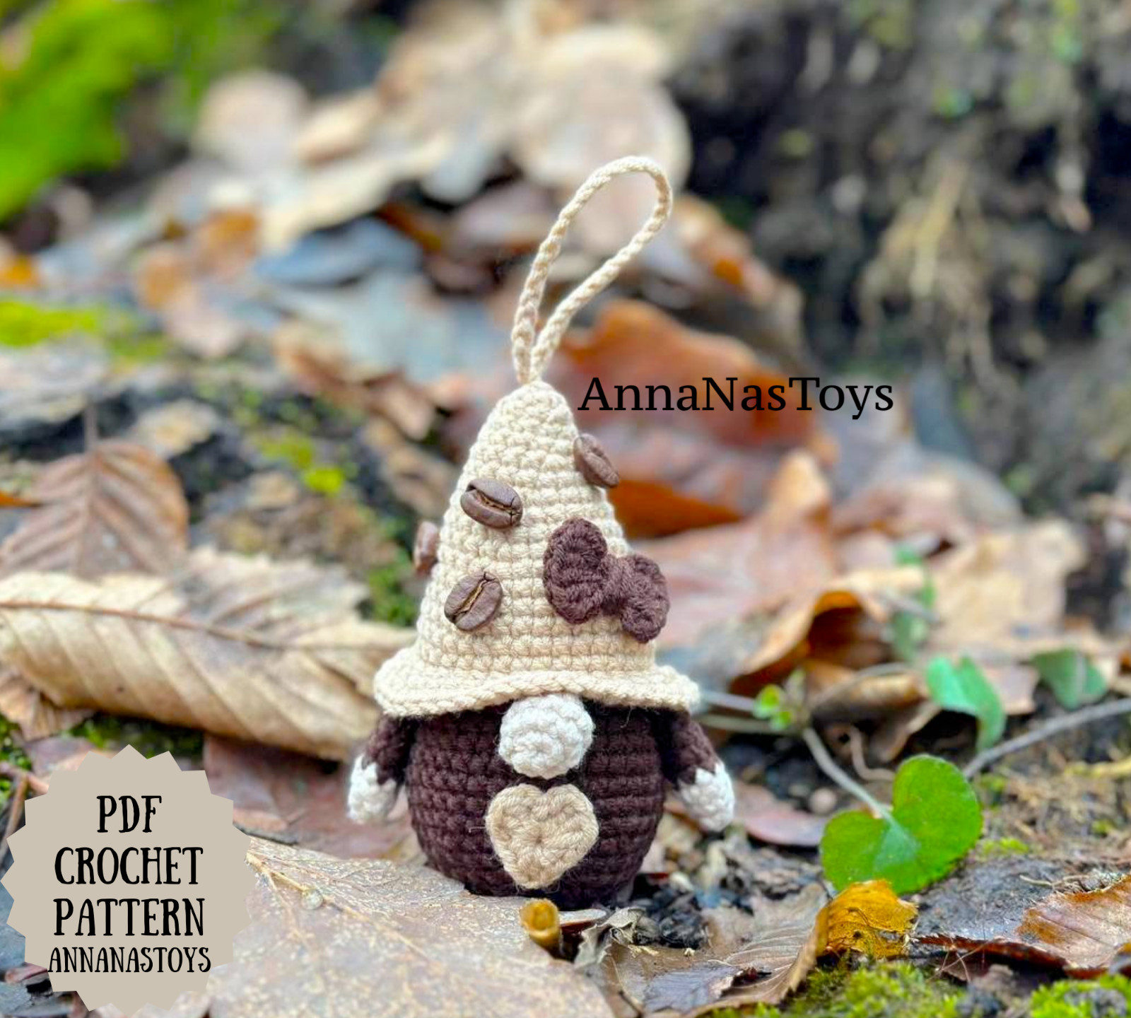 Coffee gnome keychain, Crochet PDF pattern gnome with coffee beens