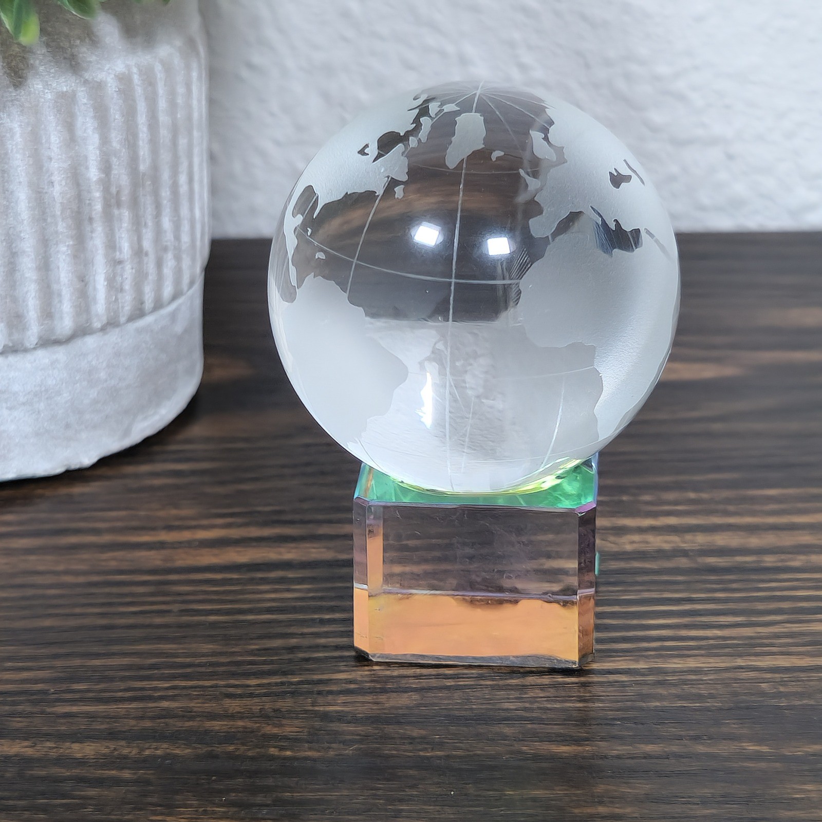 Crystal World Etched Globe Desk Decor with Iridescent Base Paperweight