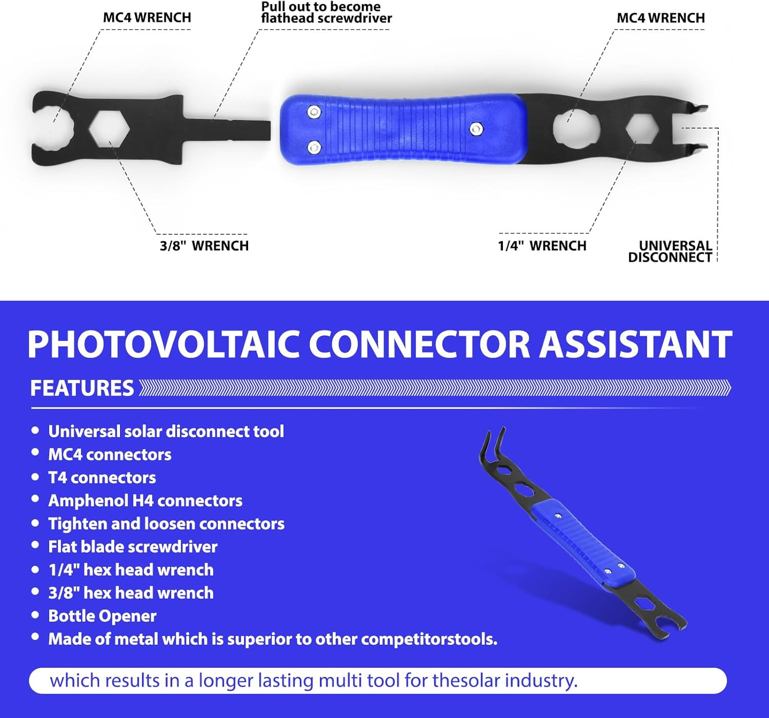 Mc4 Disconnect Tool, Solar Serpent 5-In-1 Multipurpose Solar Connector Tool