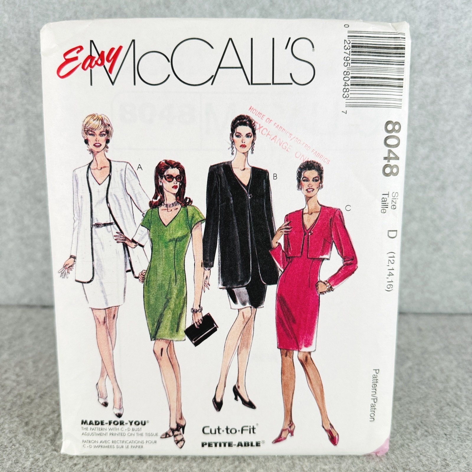McCalls 8048 Fitted Dress and Jacket V Neck Misses Size 12 16 Pattern Easy