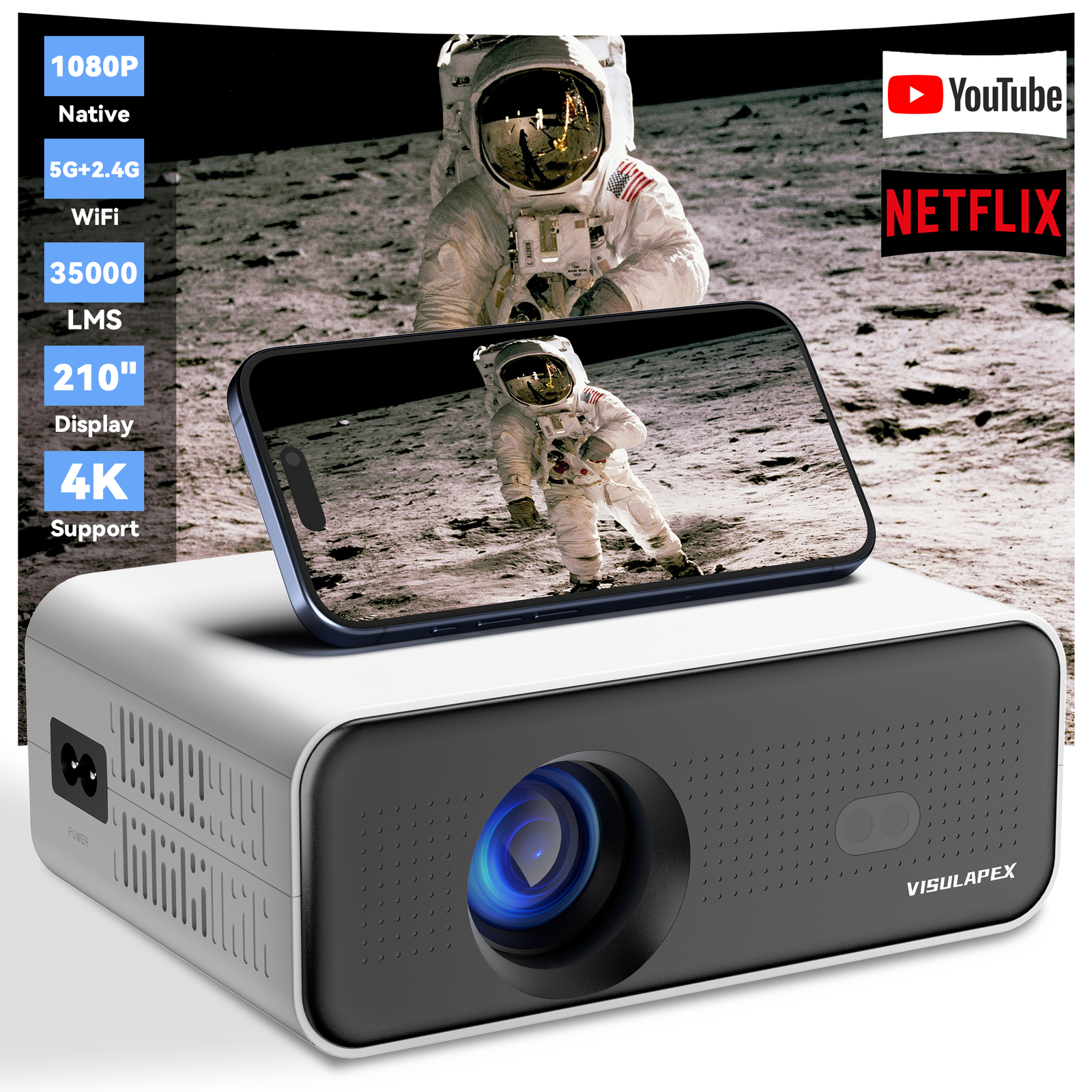 4K Projector Smart Android 35000LMS 5G WiFi BT Video Home Theater 210" Display