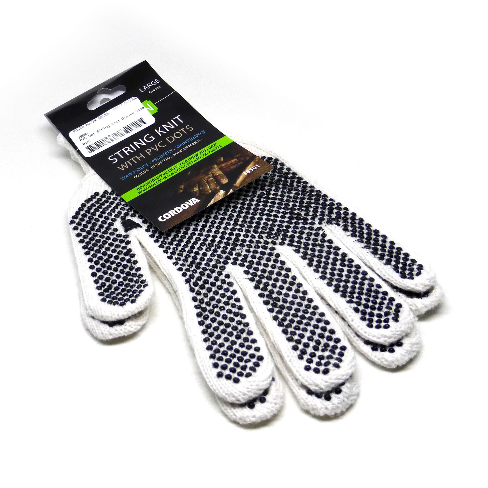 Machine String Knit Goves with PVC Dots - Bleached White - Large