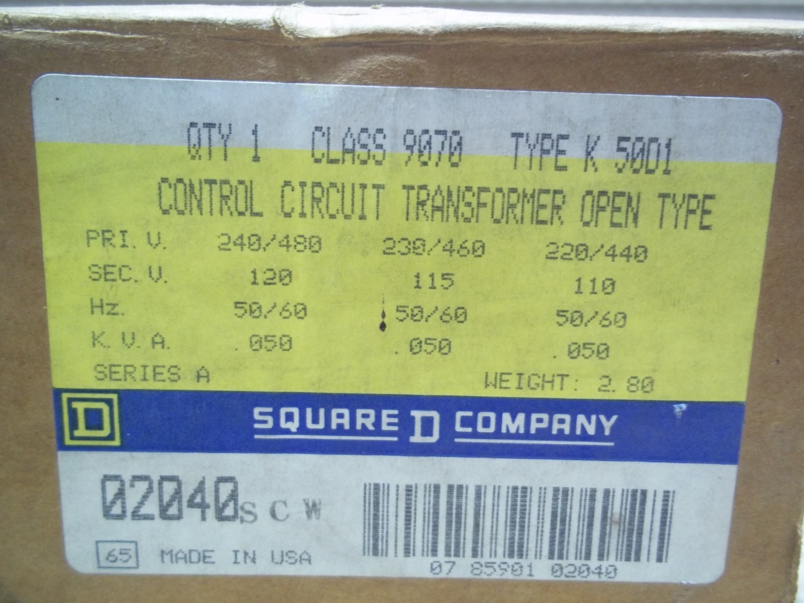 New Square D 9070 K50D1 Control Circuit Transformer Open Type 240/480V 120V