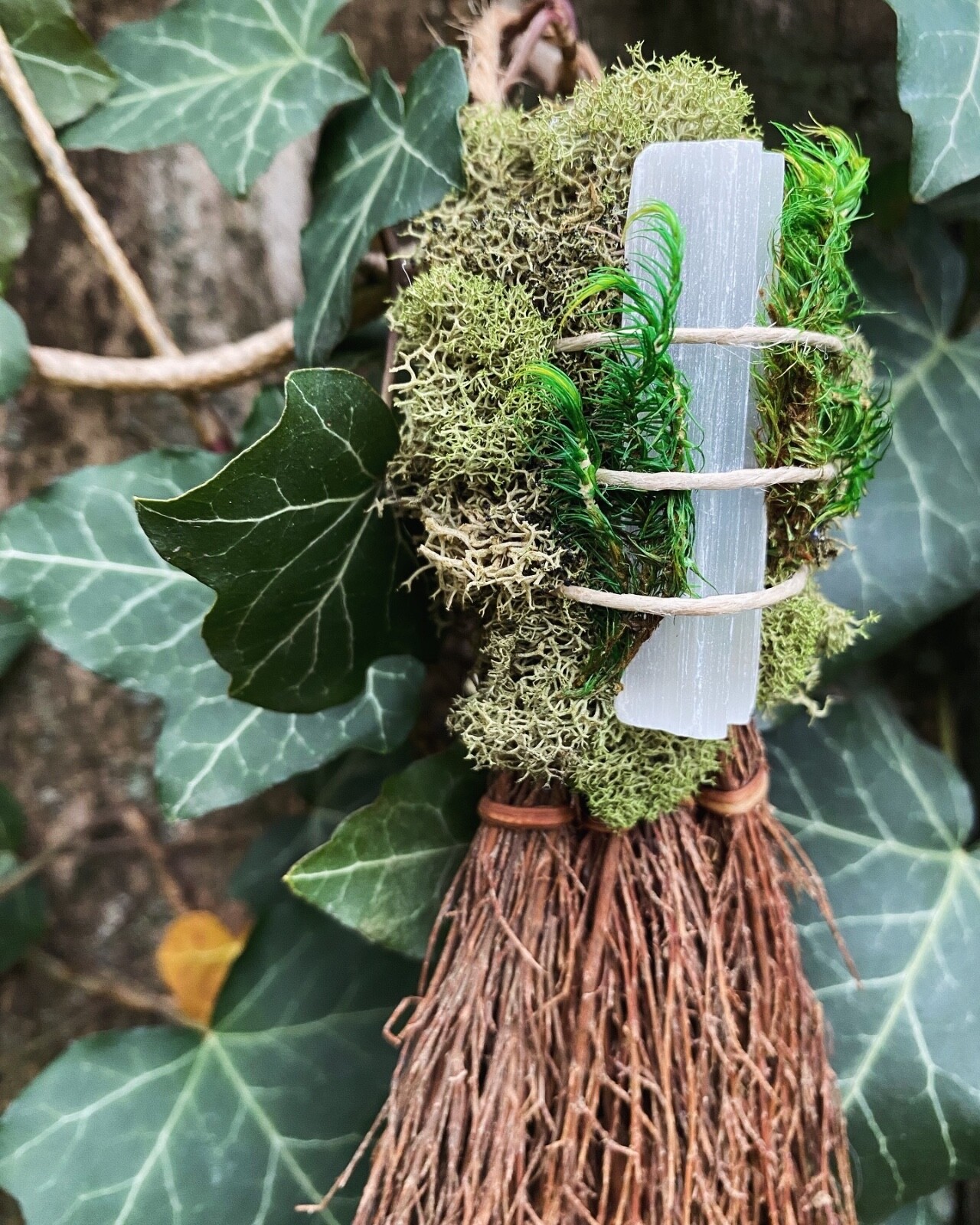 Selenite and Irish Moss 6 Inch Cinnamon Cleansing Besom Broom Altar