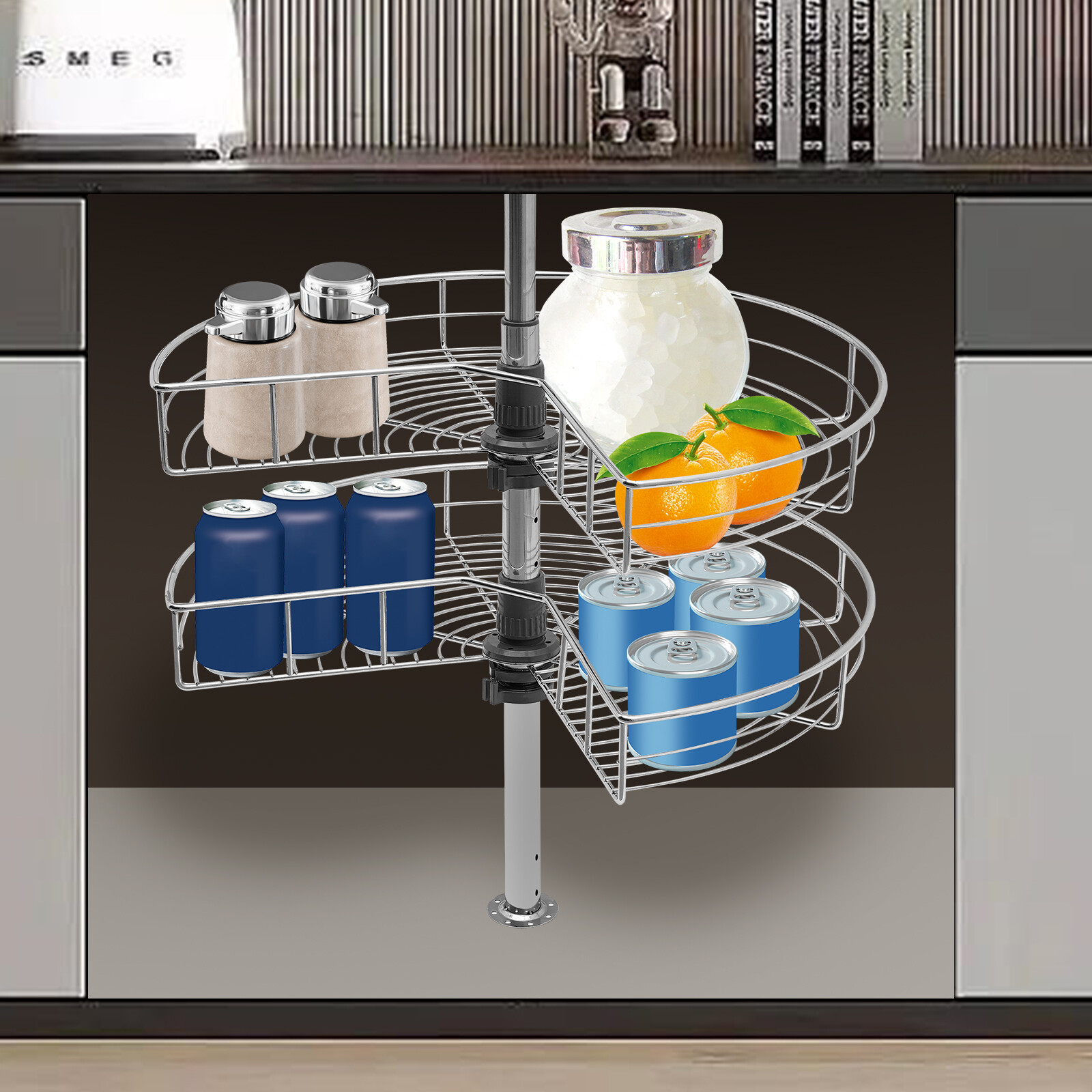 24" Kidney Chrome 2-Shelf Lazy Susan Kitchen Base Cabinet Corner Organizer Rack
