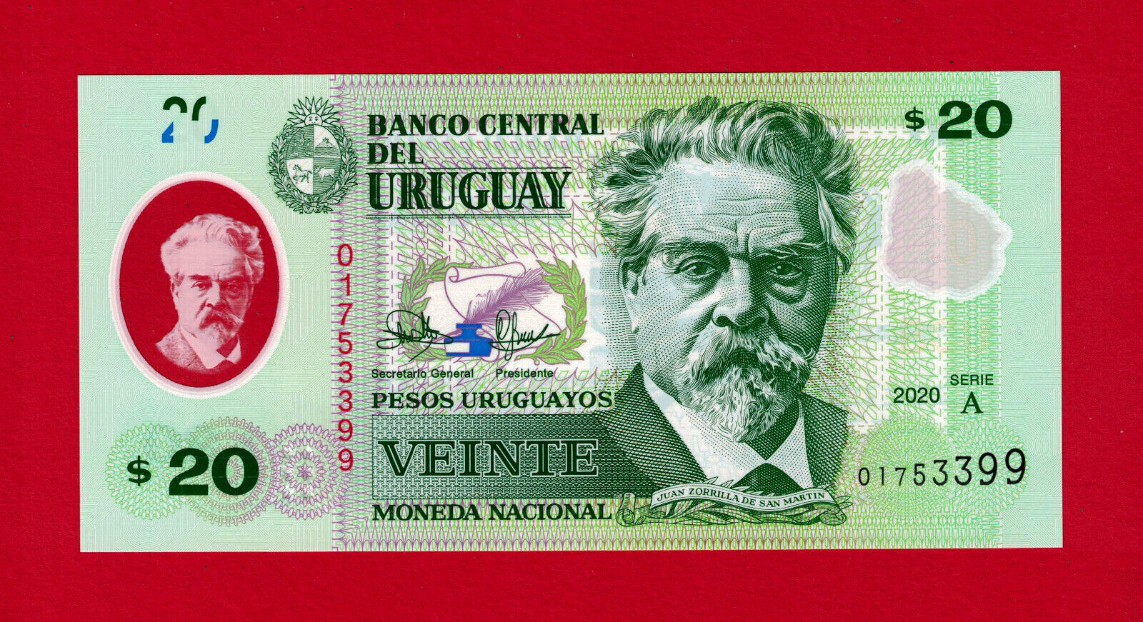 20 Pesos 2020 URUGUAY UNC POLYMER NOTE Series 'A' (P-101a) Sign: Arietta & Graña