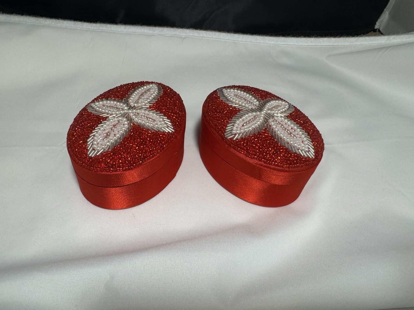 2- Beaded Oval Boxes. Red And White Great For Small Gifts