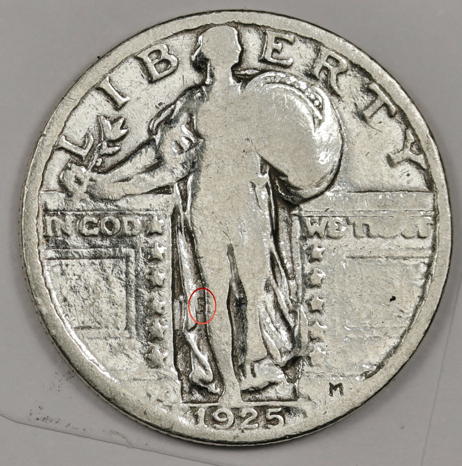 1925 Standing Liberty Quarter.  Error.  Clashed "E".  Obverse.  165426