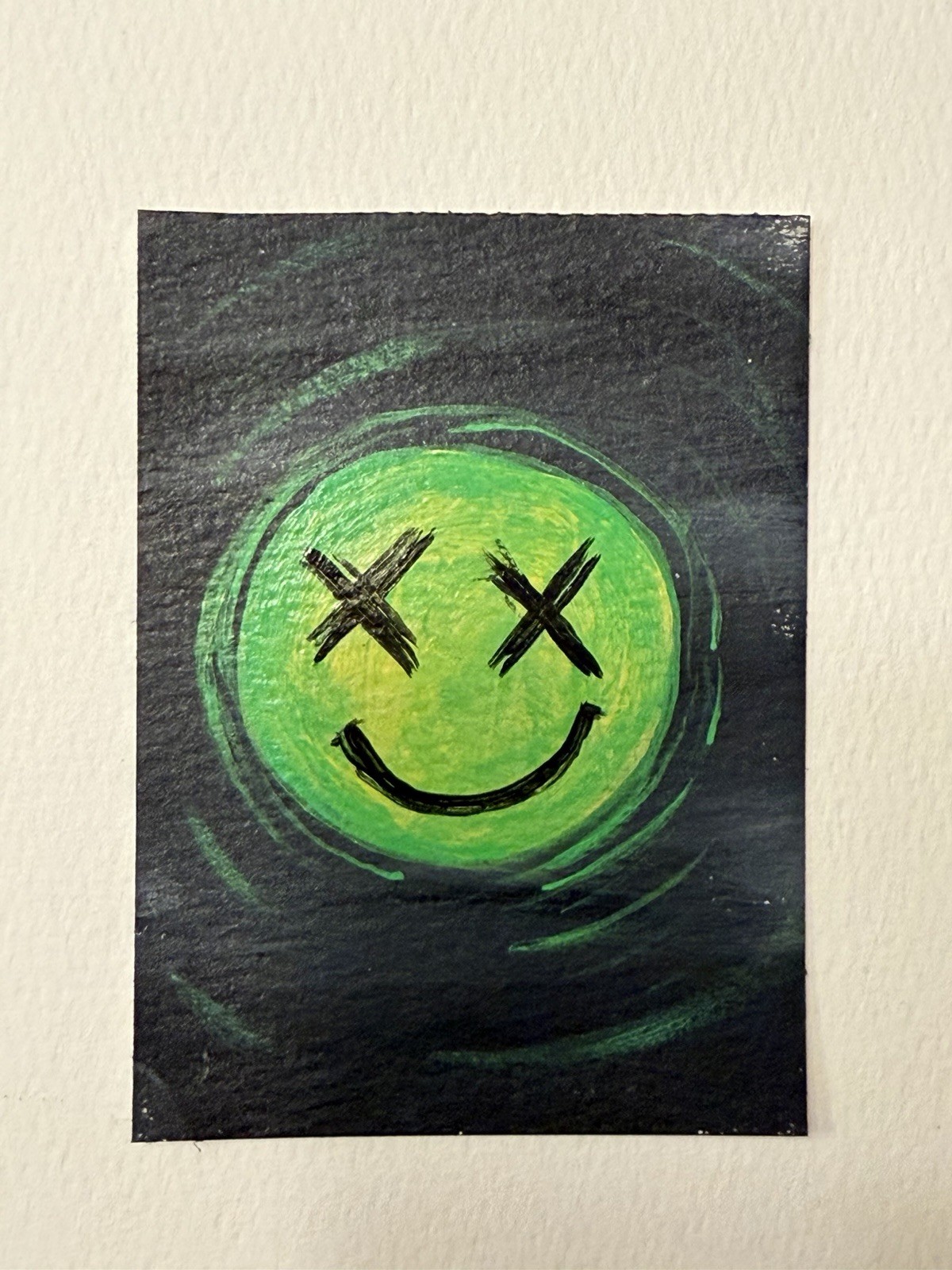 ACEO original hand painted art card green smiley face