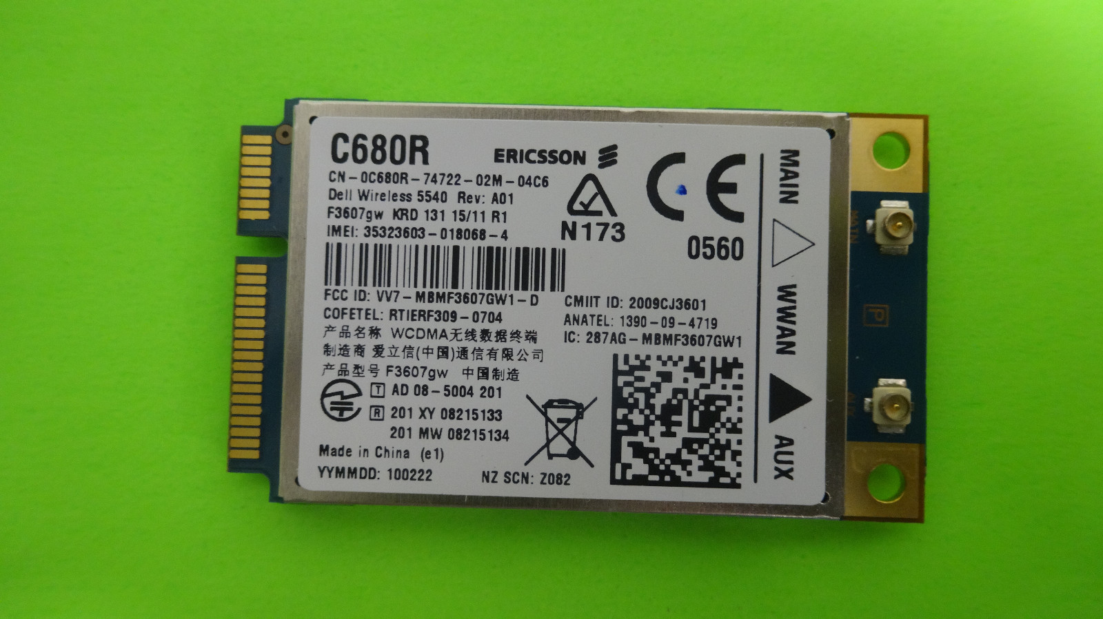Dell WWAN UMTS Wireless 5540 Ericsson F3607GW 3G HSPA GPS Mobile Broadband C680R