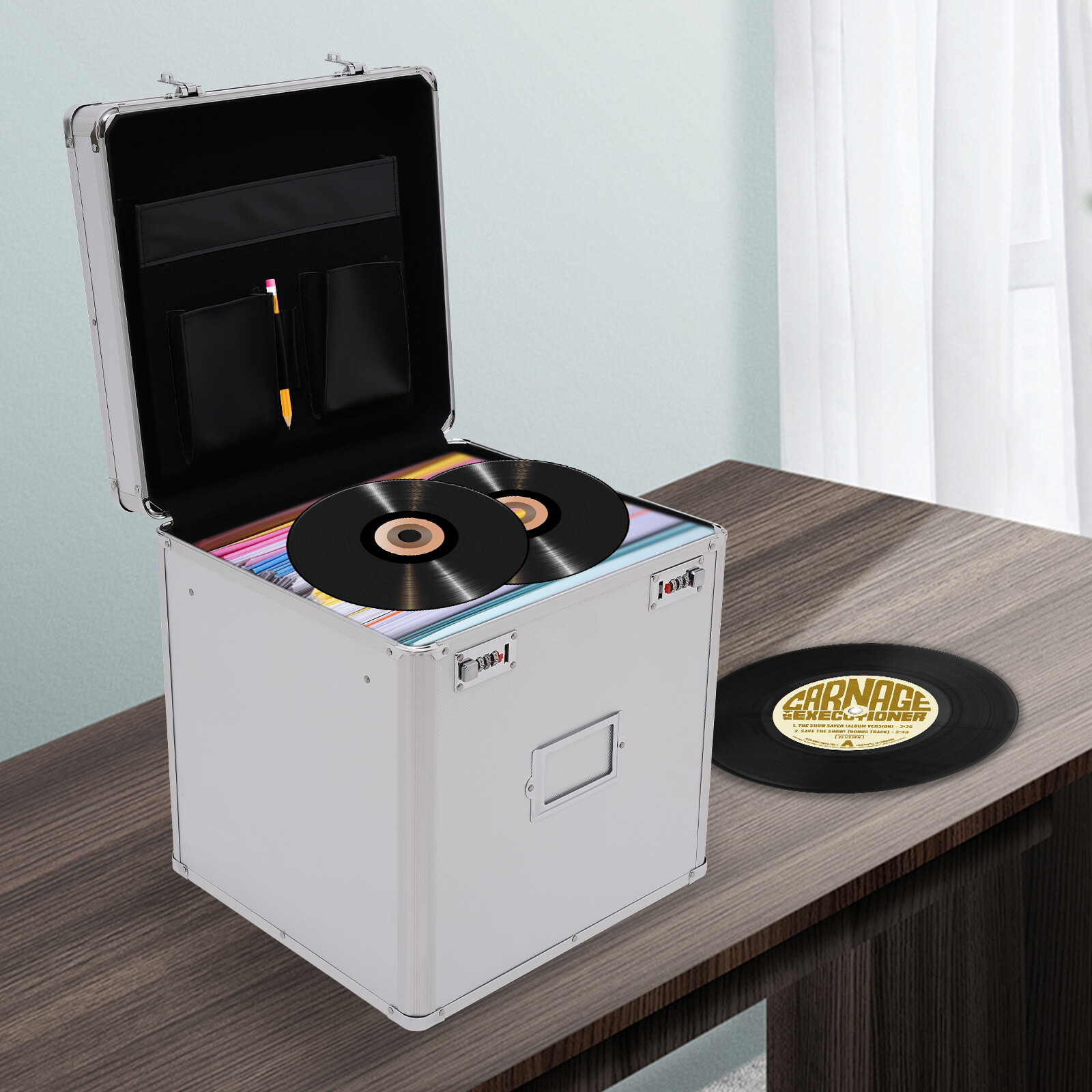 Vinyl Record Storage Box with Combination Lock for 50 Records, Silver