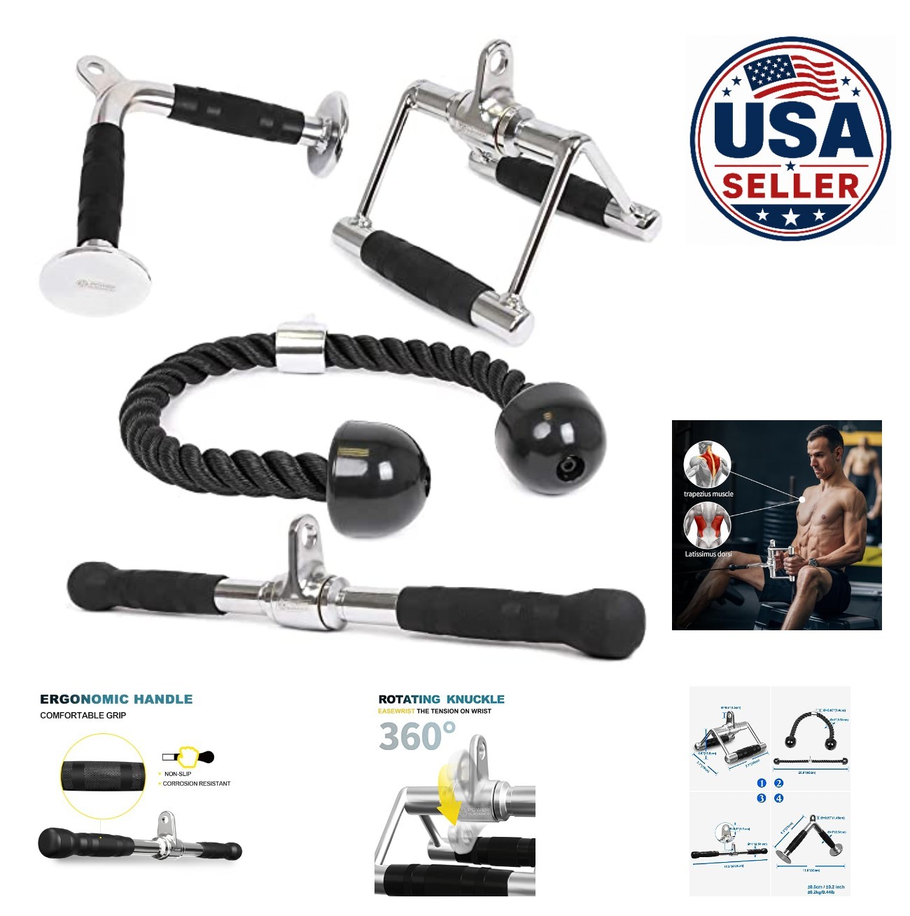 Cable Machine Attachments Set V Bar Tricep Rope Straight Bar Lat Pulldown Home