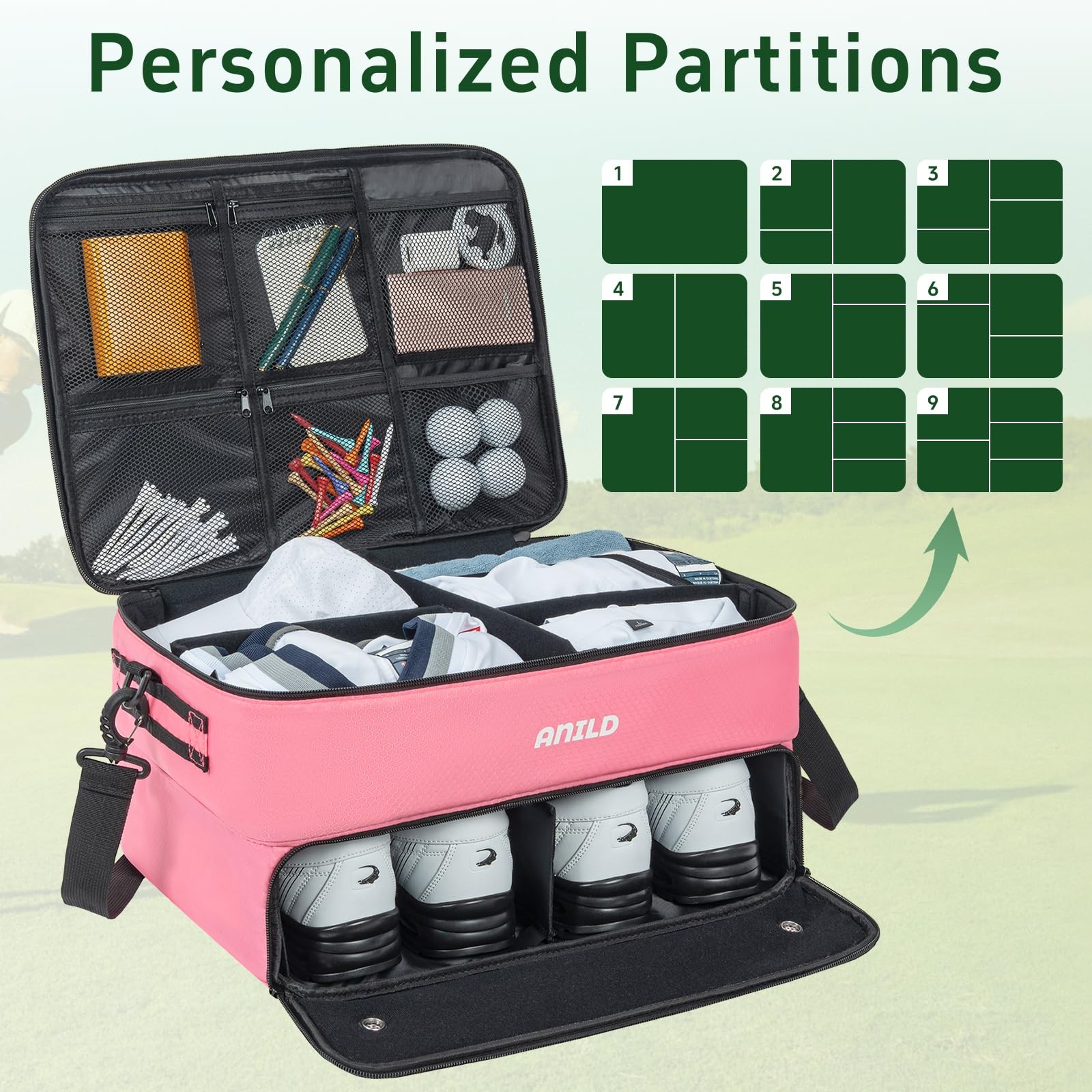 ANILD Golf Trunk Organizer, 2 Layer Golf Storage Case with Separate Ventilated C