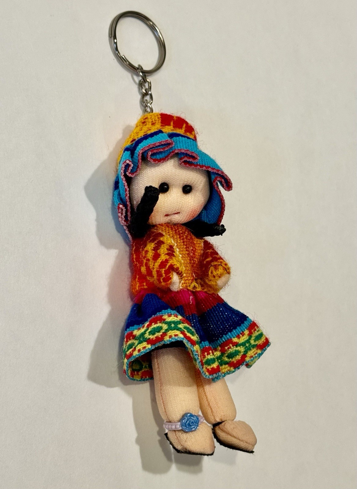 Handmade Peruvian Doll Keychain Blue Flower Accent Handwoven Traditional Dress