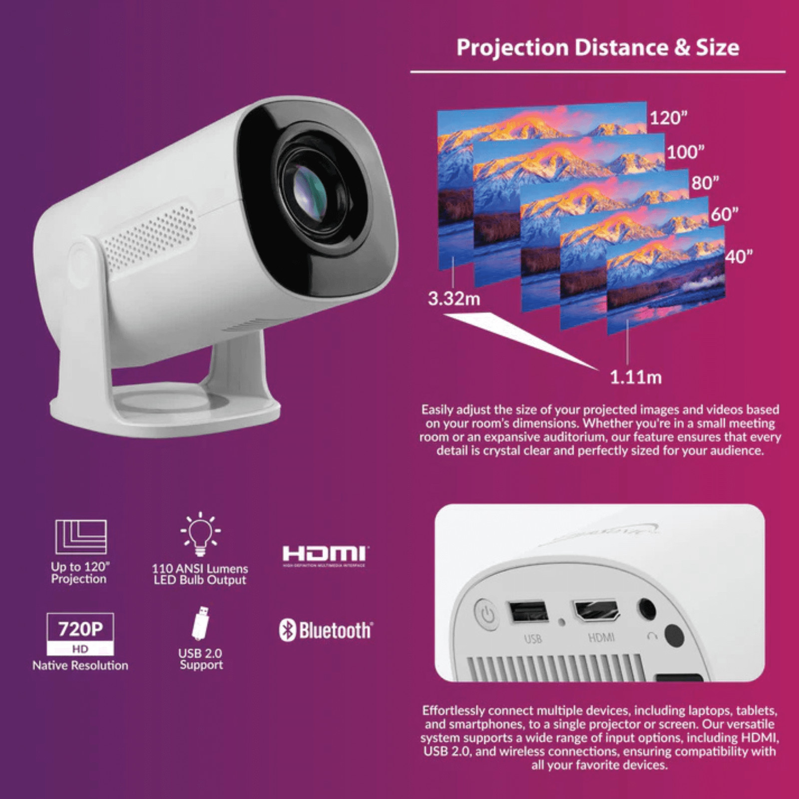 Supersonic Smart WiFi Streaming Projector with Bluetooth and Lighting Effects
