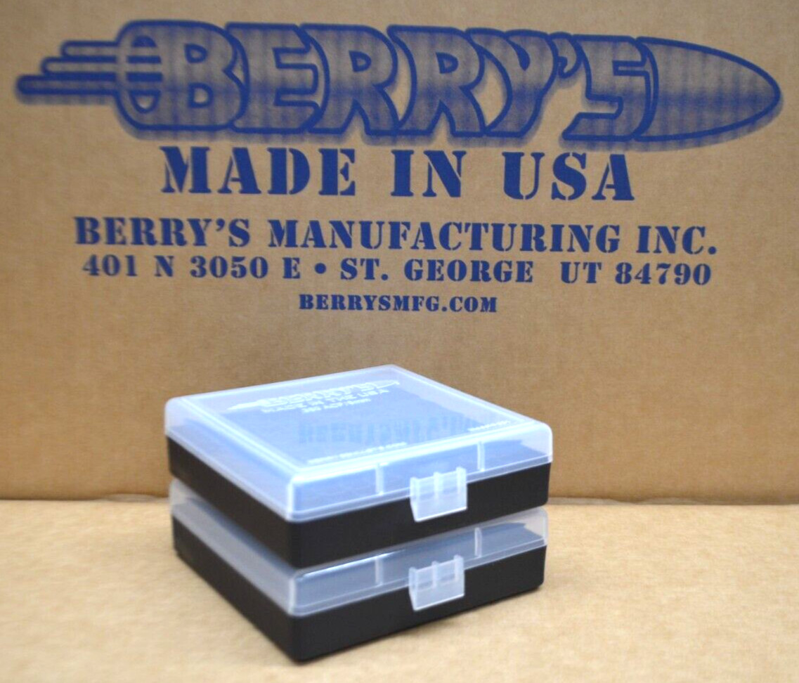 9 mm / 380 - (2) x 100 round ammo case / box (CLEAR / BLACK ) Berrys mfg 9 mm