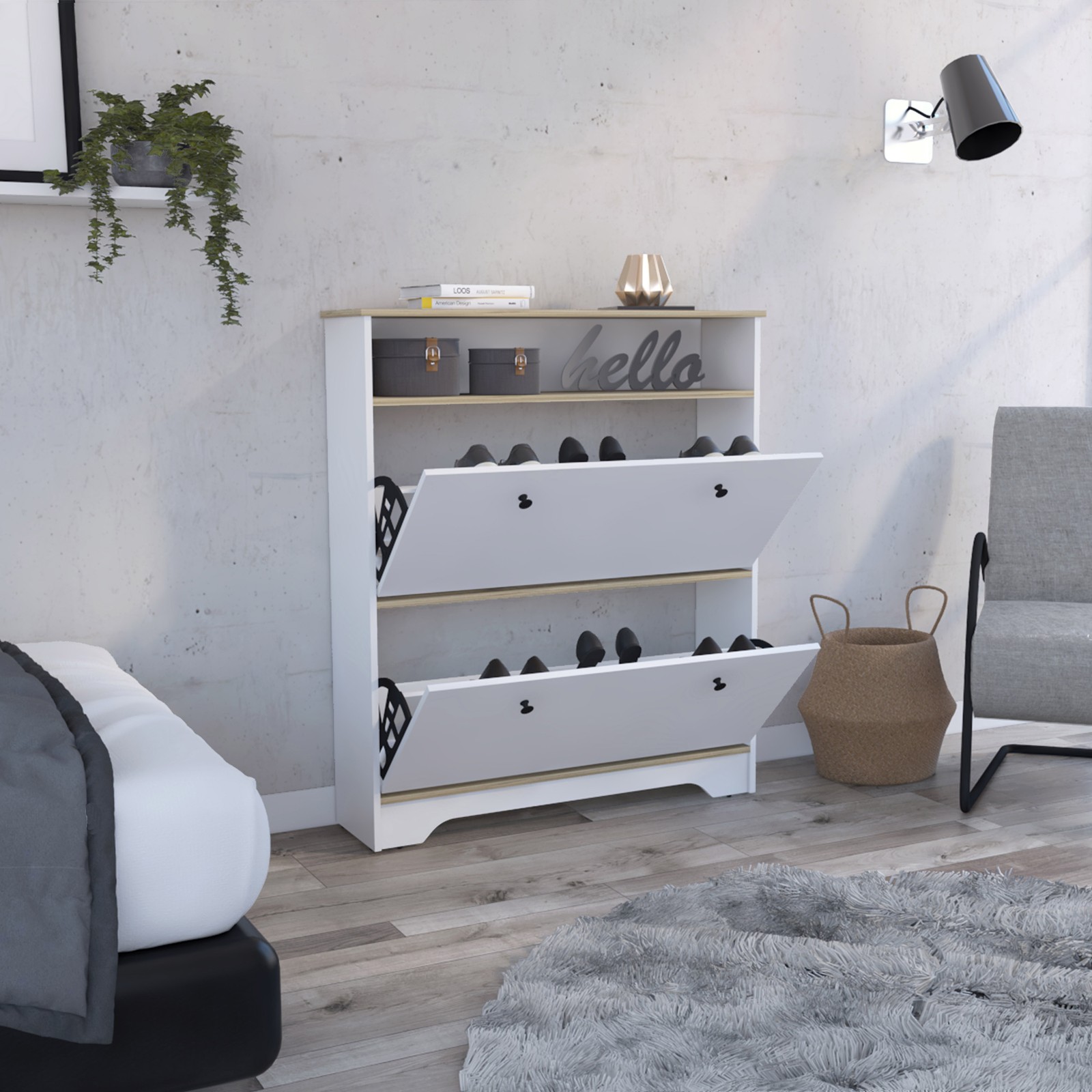 Calgary Shoe Rack, Superior Top, One Open Shelf, Two Extendable Shelves -Light