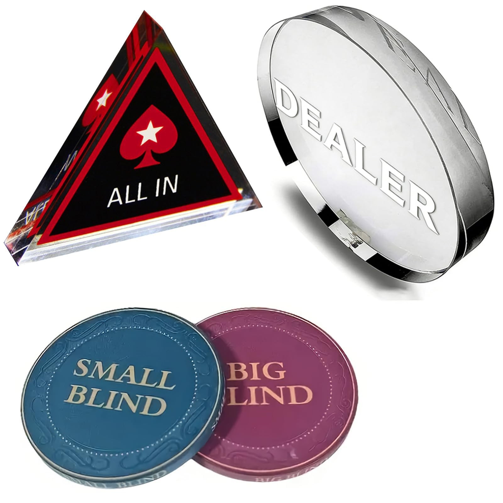 [Set of 4] Dealer Button, Ceramic Big Blind and Small Blind, Poker Crystal AL...