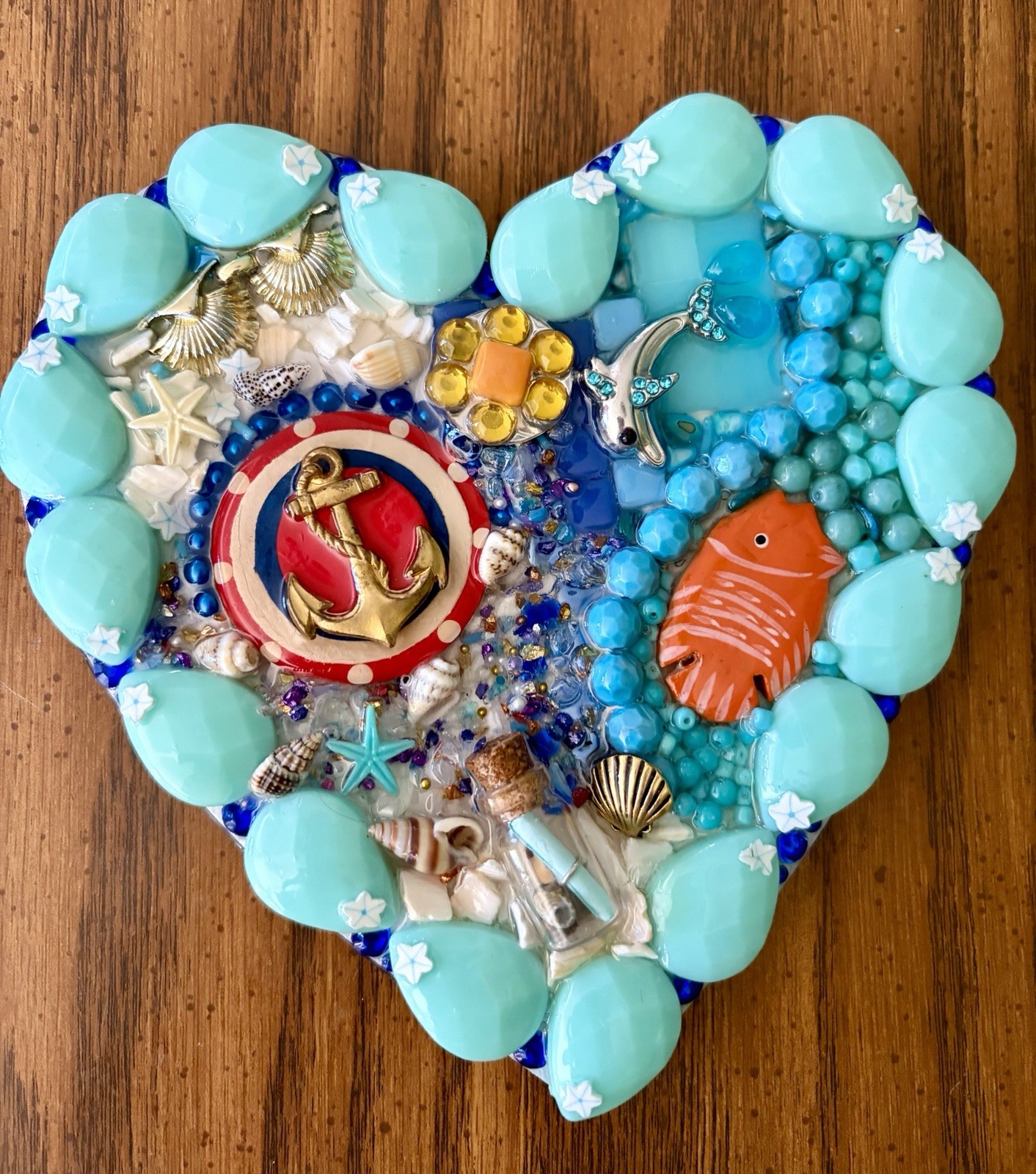 Mixed Media Jewelry Art Heart Magnet Ocean Themed