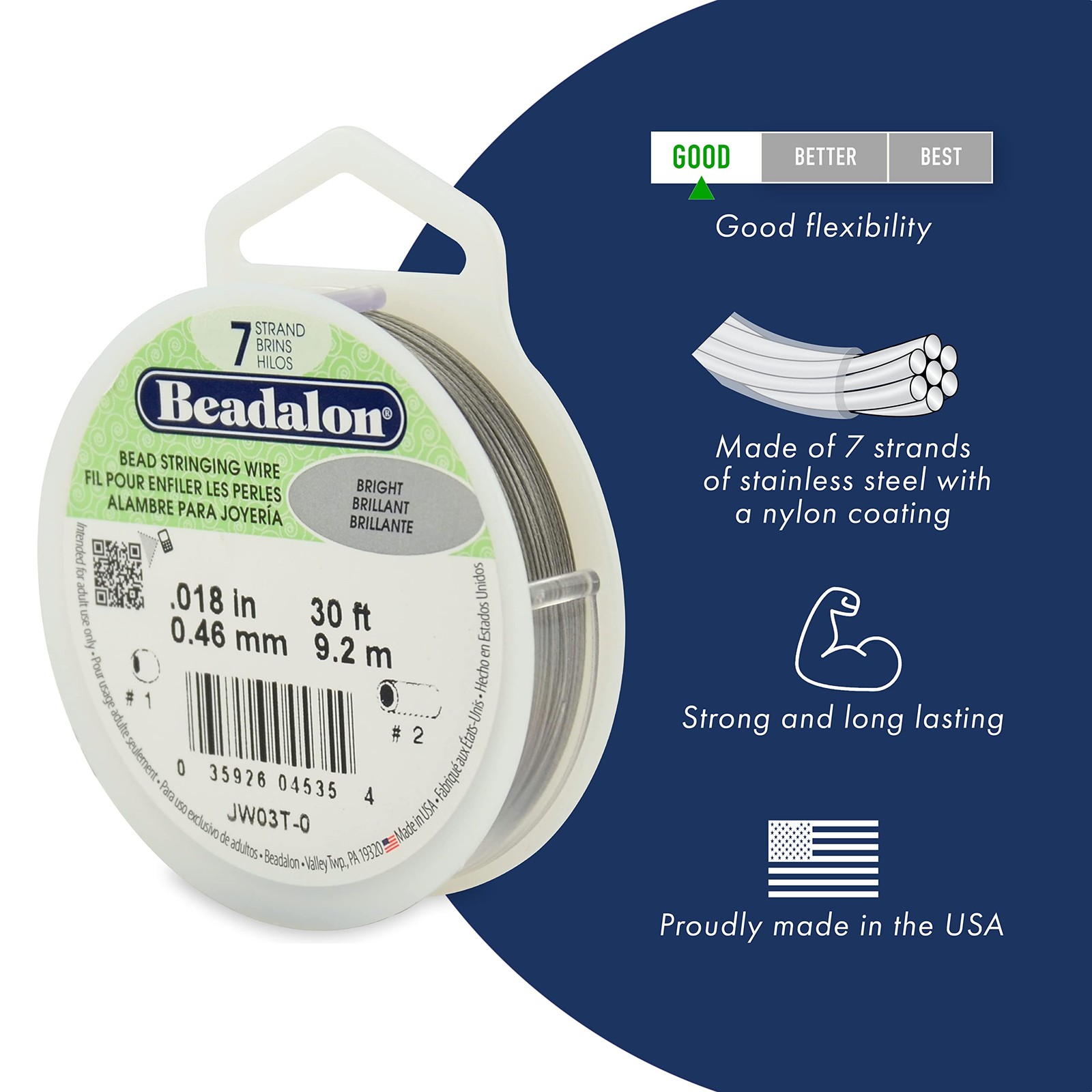 7 Strand Stainless Steel Bead Stringing Wire, 0.018 in / 0.46 mm, Satin Gold,...