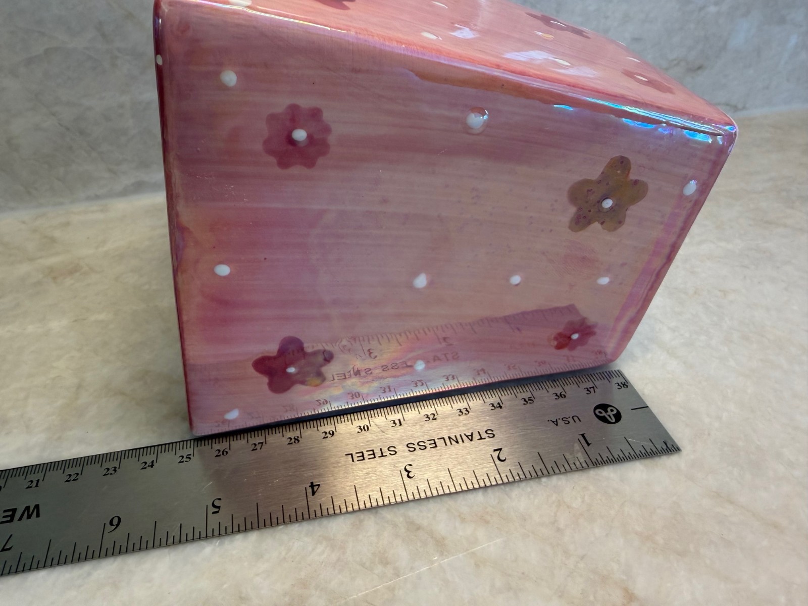 Glazed Ceramic Pink Square Planter Iridescent with flowers (Sh6)