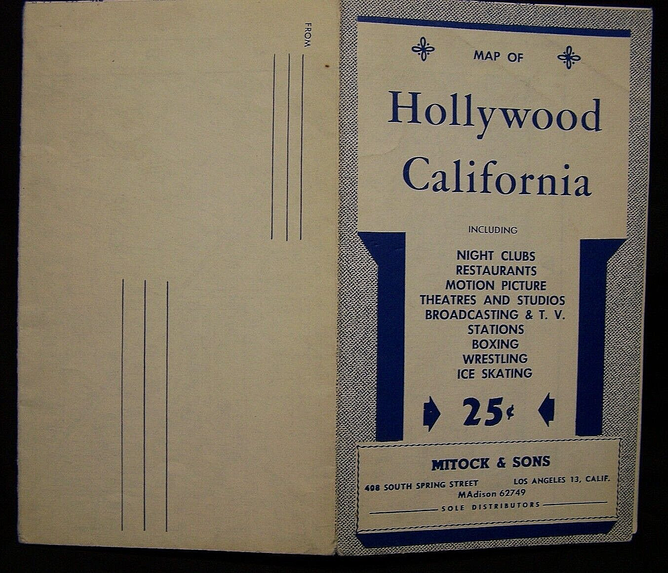 1950's~22" X 17" HOLLYWOOD CALIFORNIA MAILER MAP/LOS ANGELES ROAD MAP