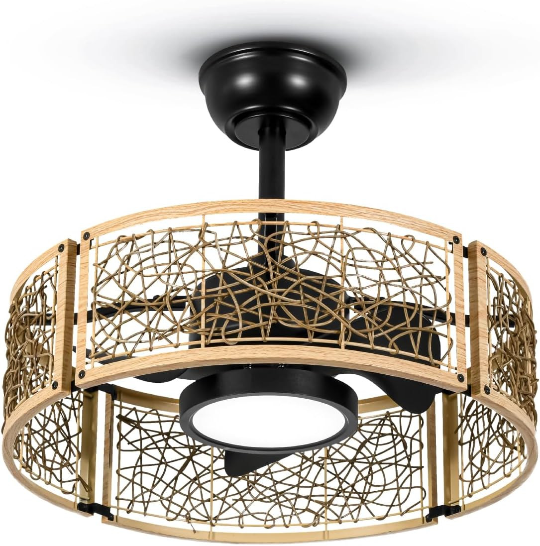 20" Oak Finish Caged Ceiling Fan with Dimmable LED Lights & Remote Control