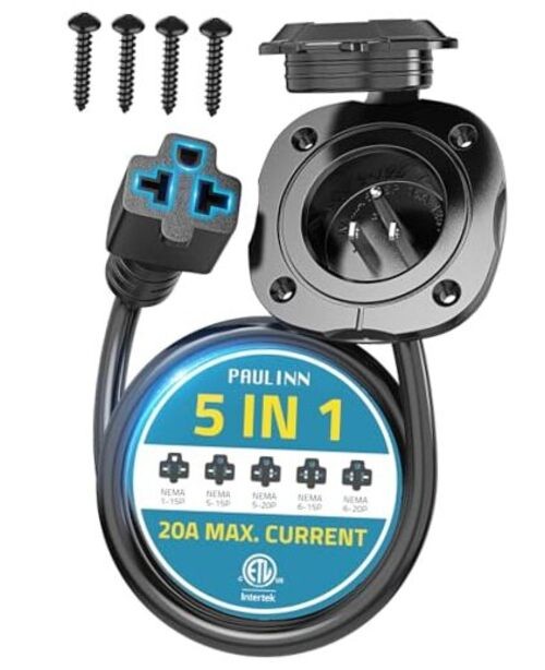 20A 125V RV Shore Power Inlet Plug, 12AWG AC Port Plug w/ 5-in-1 T-Blade