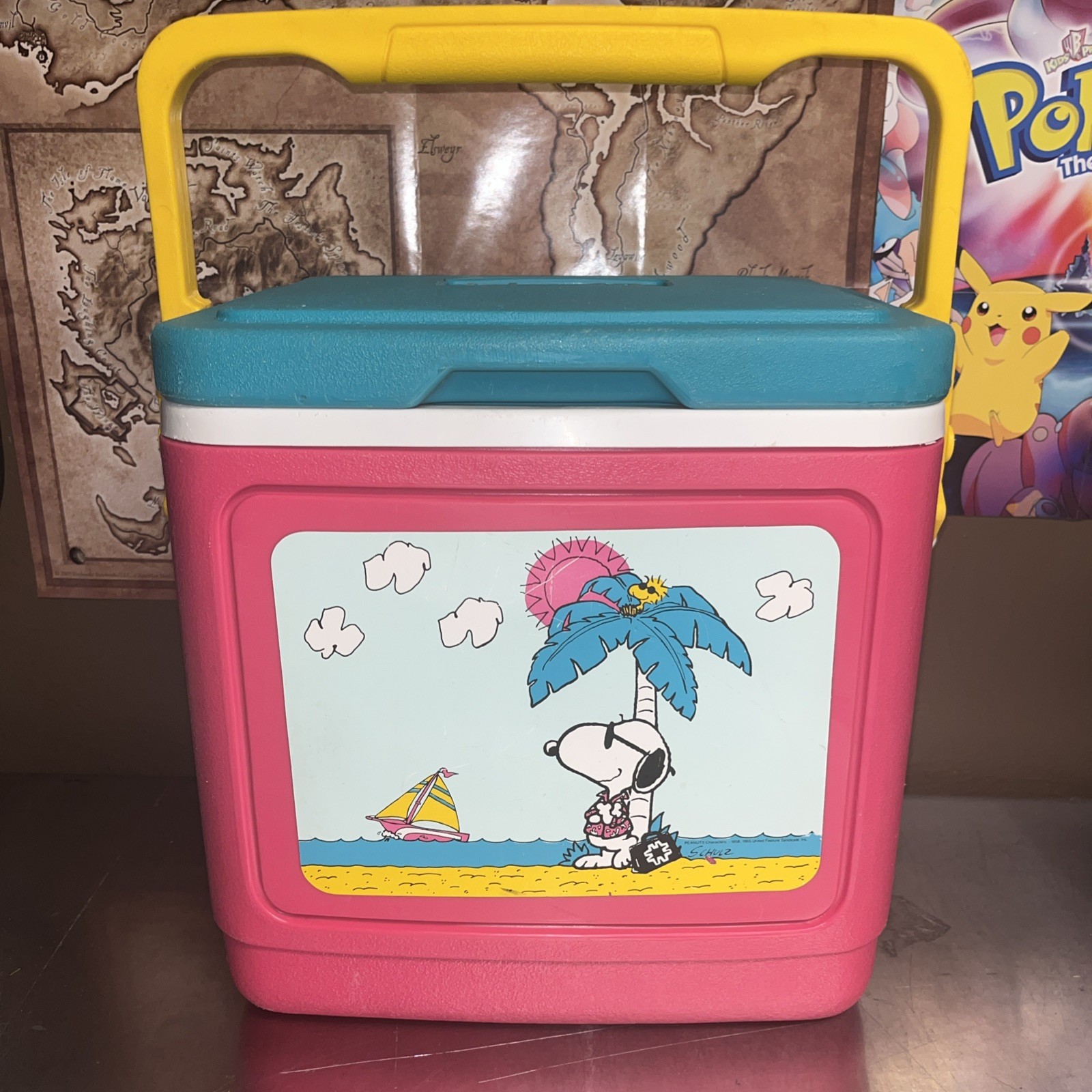 Vintage Igloo 10 Snoopy Peanuts  Cooler 90s Tropical Beach Theme Teal Pink Rare!