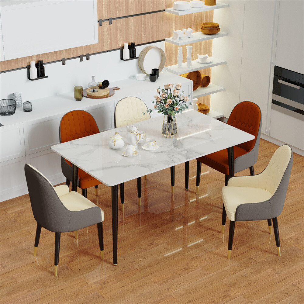 Modern Rectangular/Square/Round Sintered Stone Dining Table White Top Black Legs