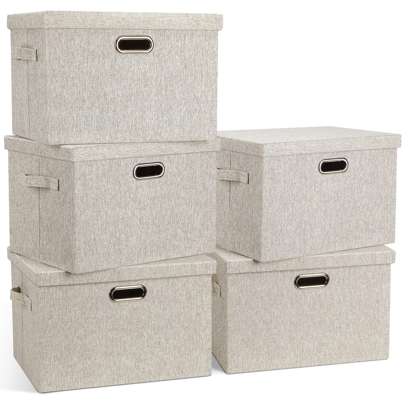 Large 17" 36 Quart Collapsible Stackable Storage Bins with Lids, 5 Packs Beig...