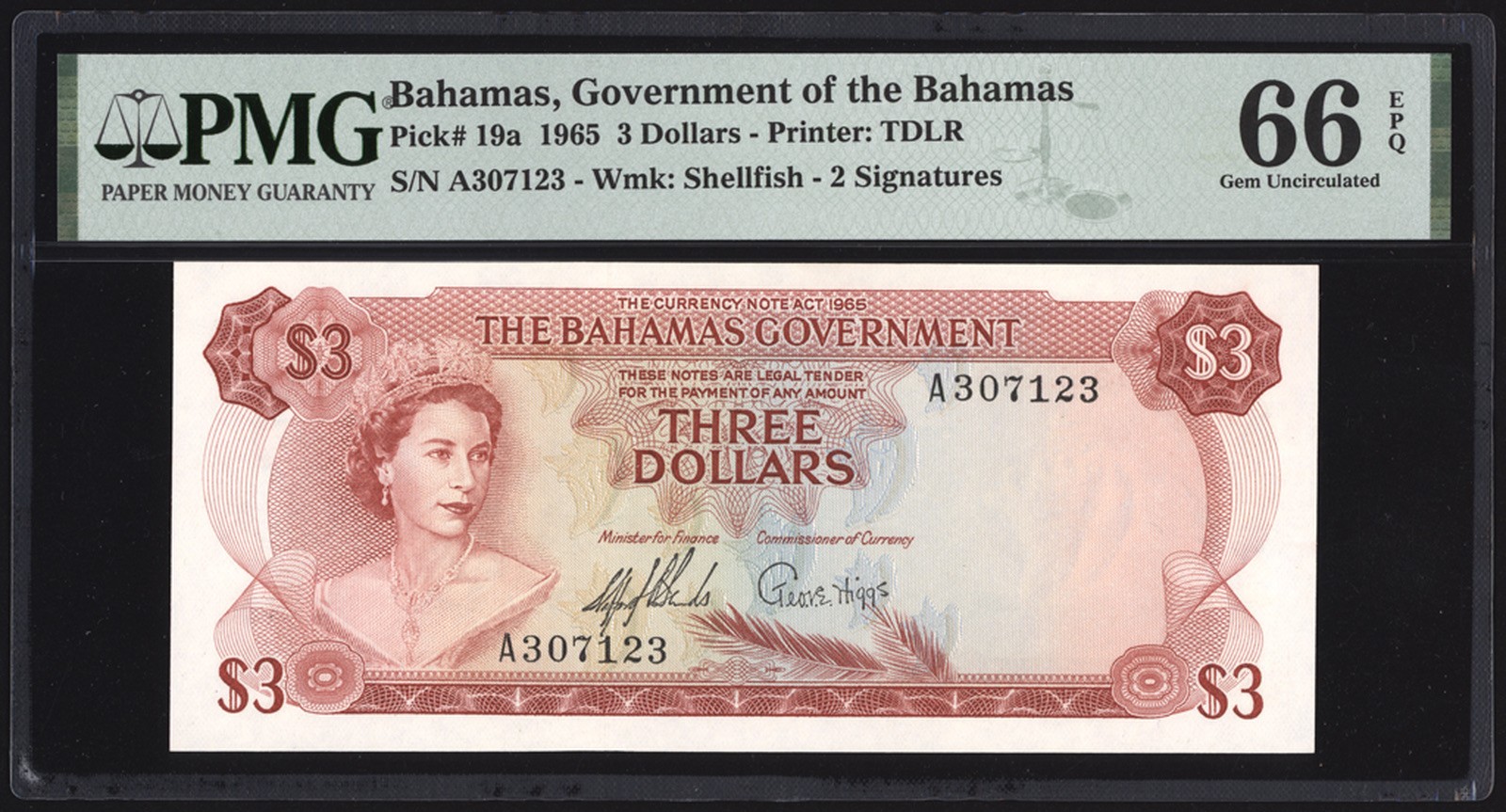 Bahamas 3 Dollars 1965 P19a PMG Gem Uncirculated 66 EPQ
