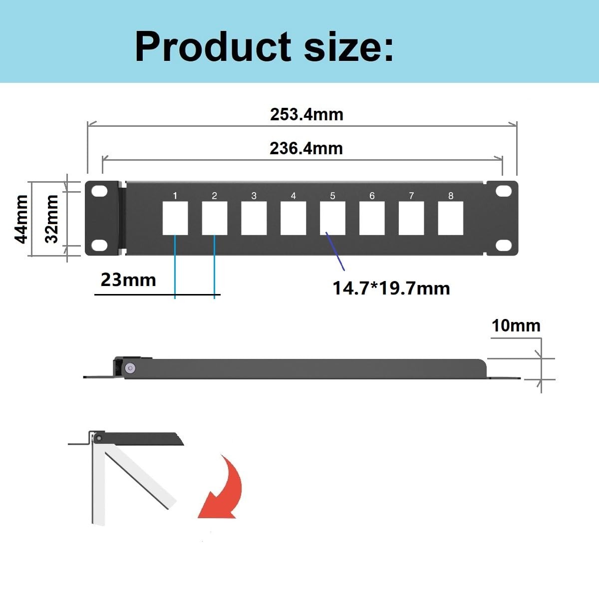 1U 10" Mini Hinged 8 Port Blank Keystone Patch Panel For Rack Mount 8Hole