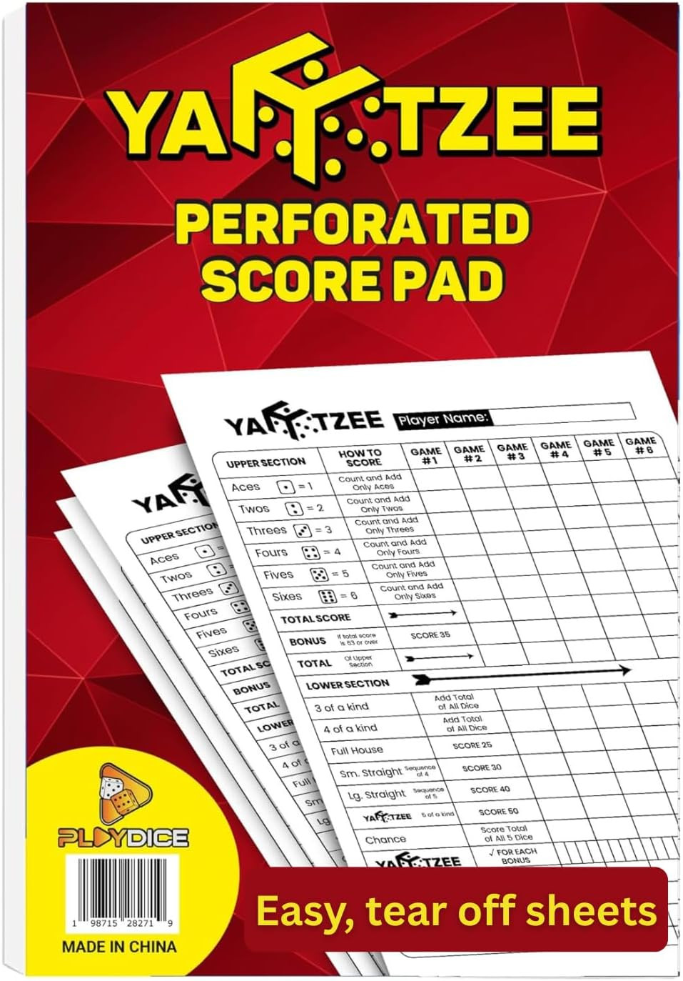 Perforated Yahtzee Score Pads: 120 Easy Tear Off Score Sheets, Large Print, Comp