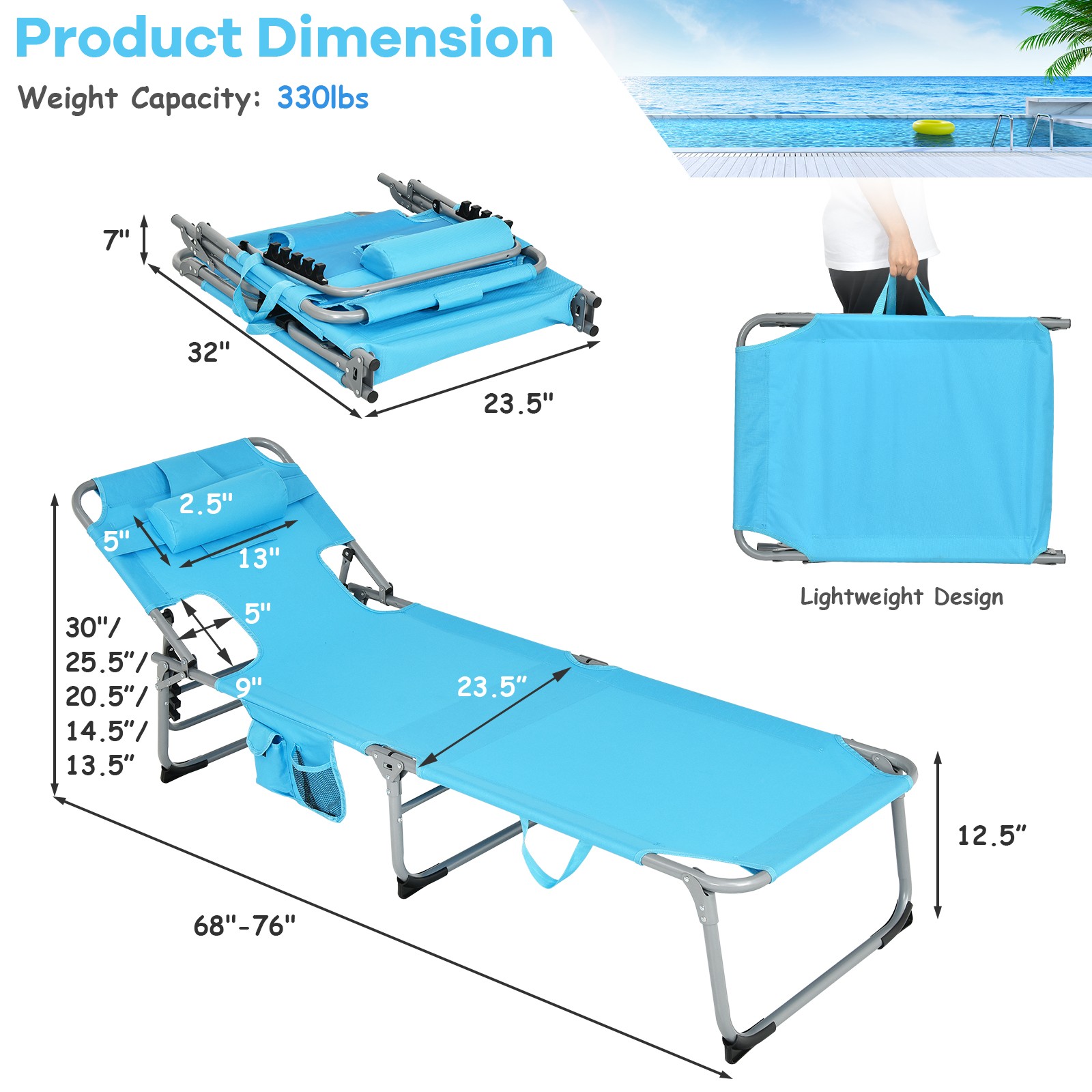 Costway Outdoor Beach Lounge Chair Folding Chaise Lounge with Pillow Turquoise