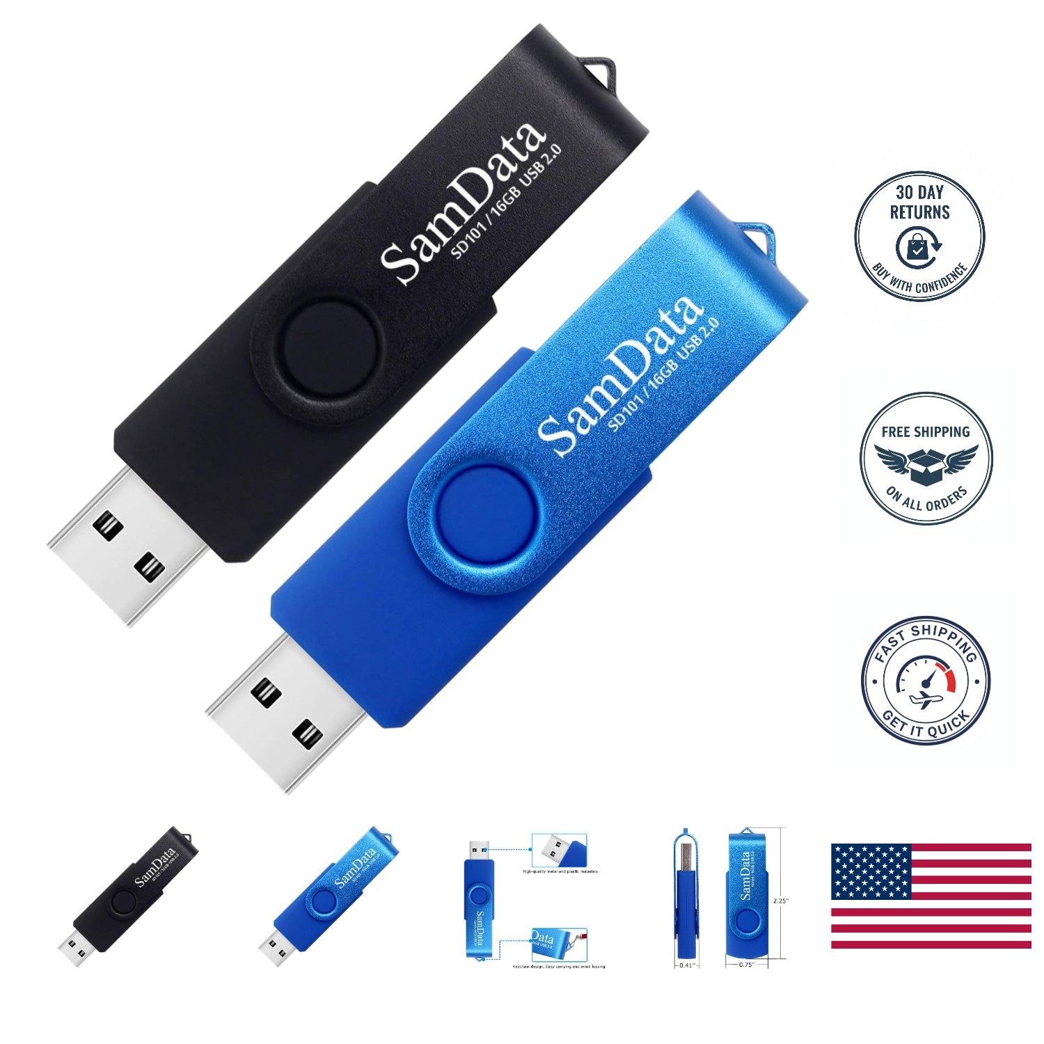 16GB USB Flash Drives 2 Pack – Stylish Black & Blue with LED Indicator