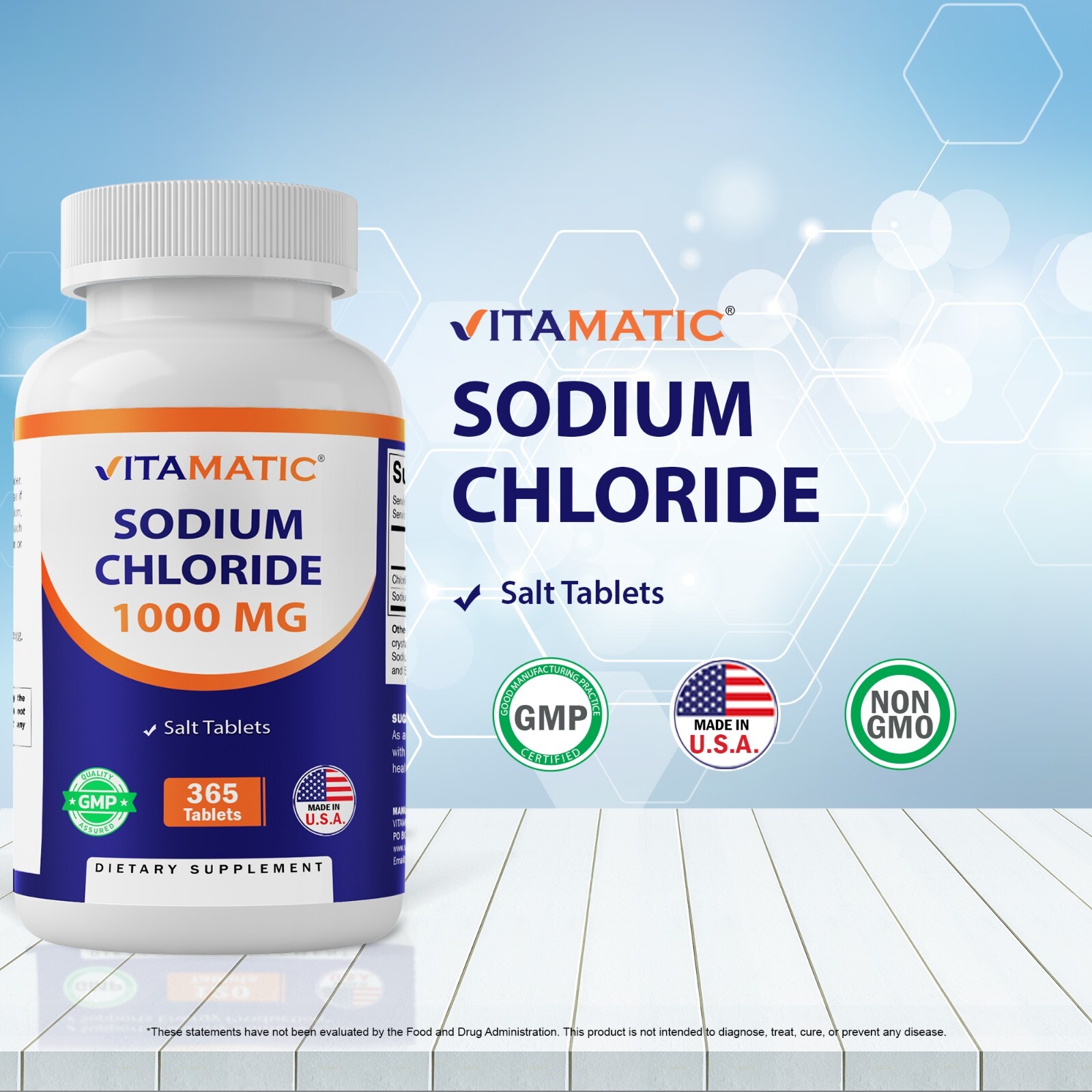 Vitamatic Sodium Chloride 1000mg, 365 Tablets - Salt Tablets, Non-GMO, Gluten F