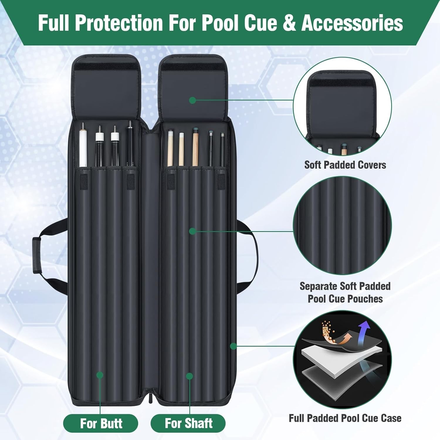 , Pool Cue Carrying Case Soft Padded Billiard Stick Bag with M