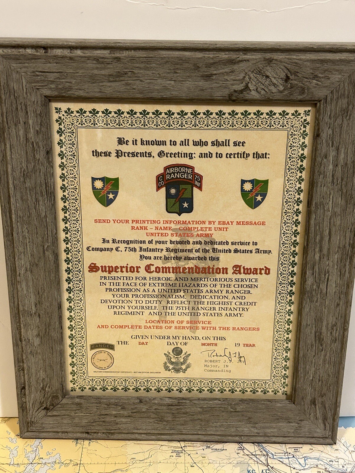 U.S. ARMY - 75TH RANGER / C CO - SUPERIOR COMMENDATION AWARD CERTIFICATE