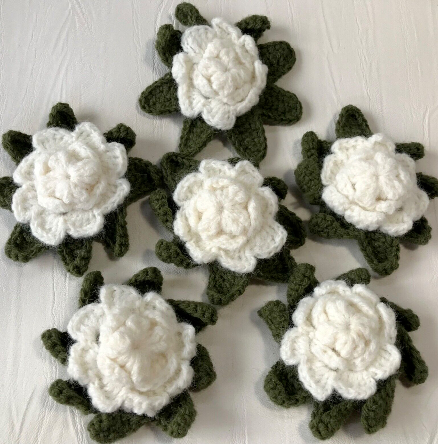 6 Hand Knitted White Crochet Floral Accents 4” inch Acrylic Decorative Appliqués