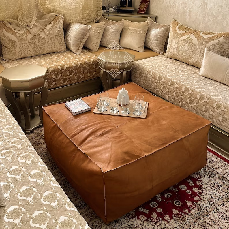 New Brown Square Handstich Unstuffed New Brown Boho Leather Moroccan Pouffe
