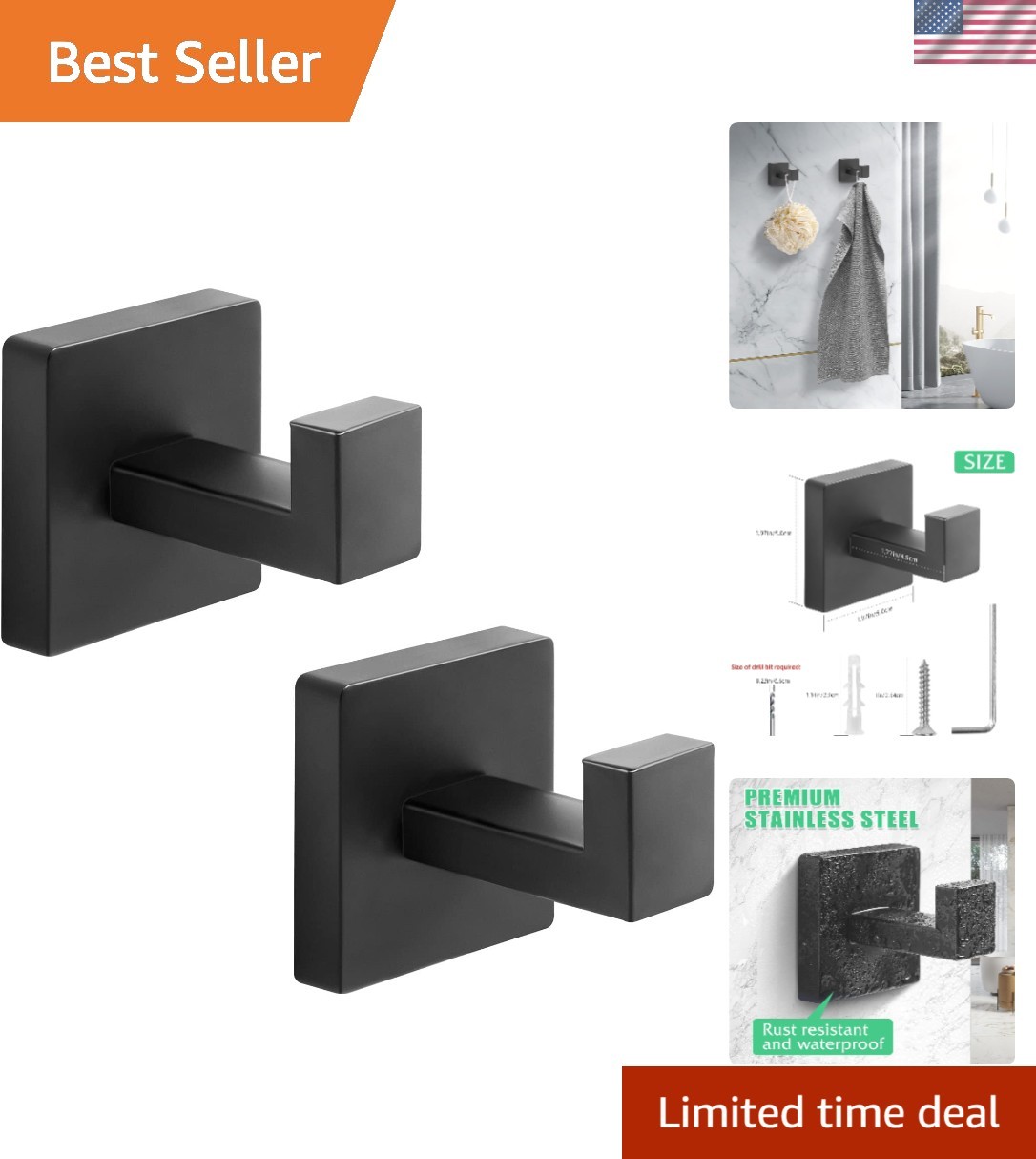Heavy Duty Matte Black Towel Hooks - Stainless Steel, 33LB Capacity, 2 Pack