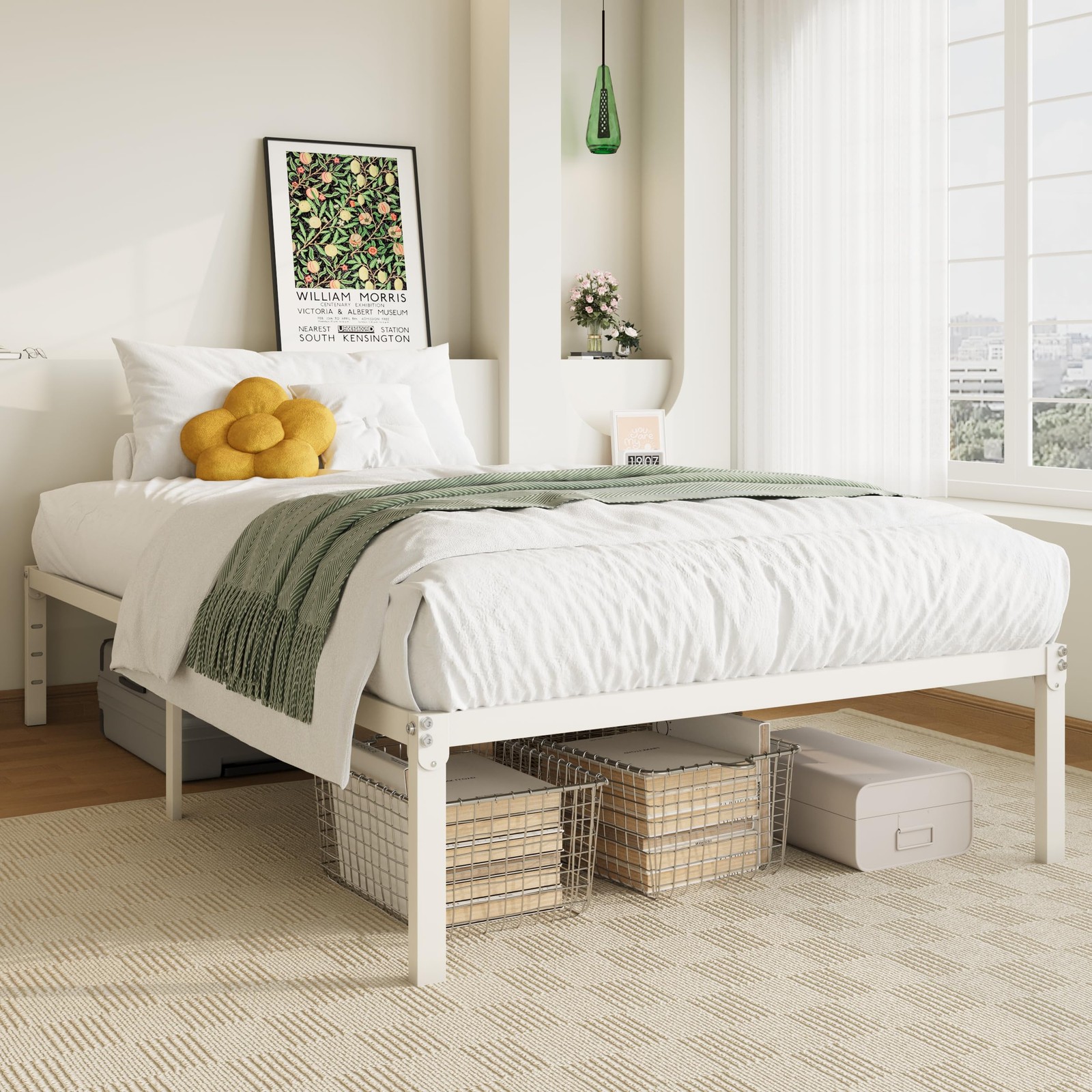 Twin Bed Frame 14~Inch Metal Platform with Storage, No Box Spring, White