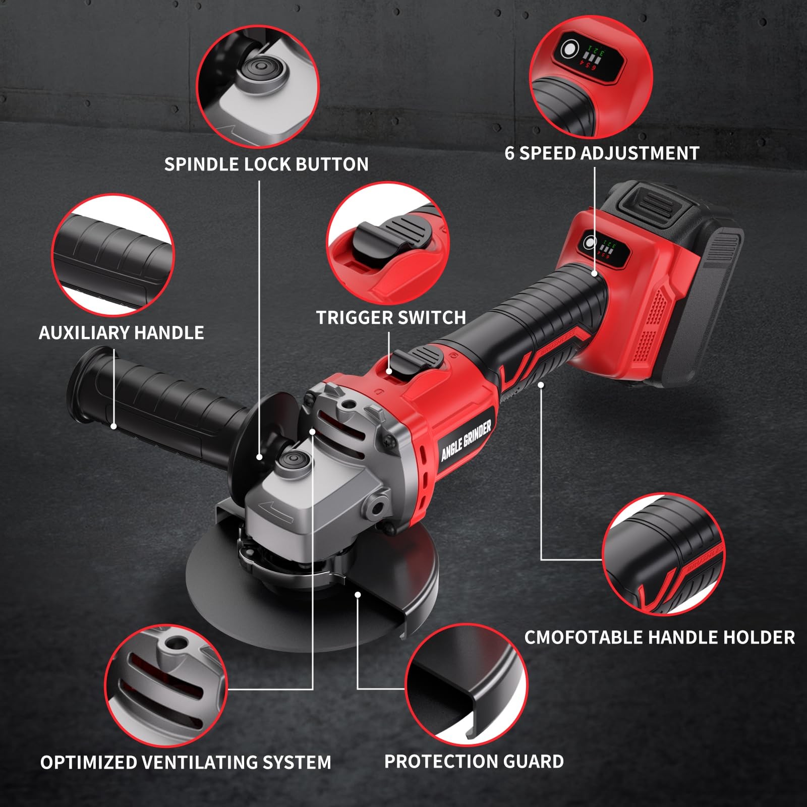 Angle Grinder 41/2" Cordless for Milwaukee 18V/M18 Battery, 6 Variable Speed ...
